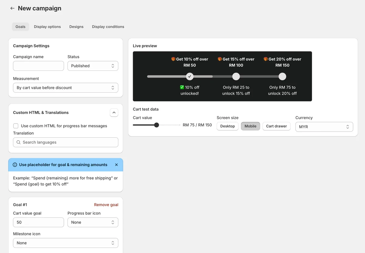 BlueCart campaign builder showing discount milestone goals and live progress bar preview