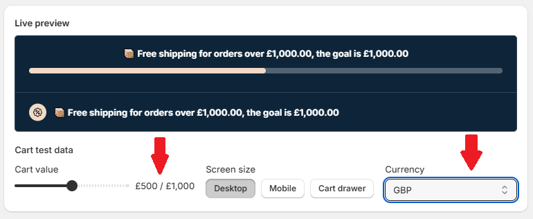Progress bar displaying in local currency