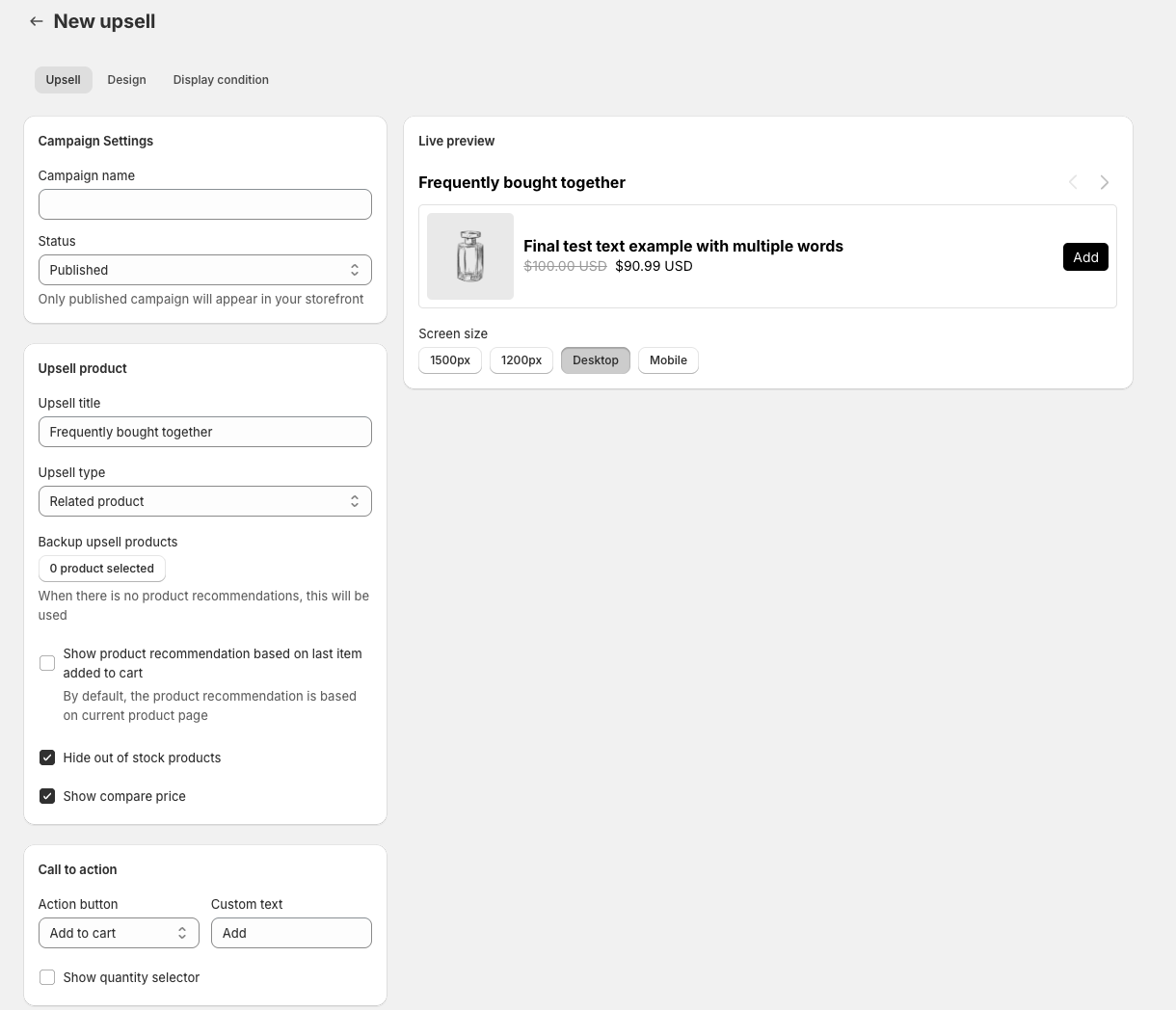 BlueCart admin upsell builder showing campaign settings, related product upsell options, add-to-cart action settings, and a live preview