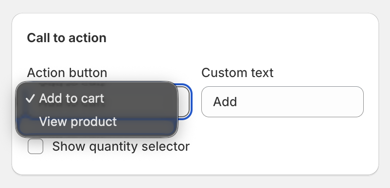 BlueCart call to action settings card with the action button dropdown, custom button text field, and quantity selector option