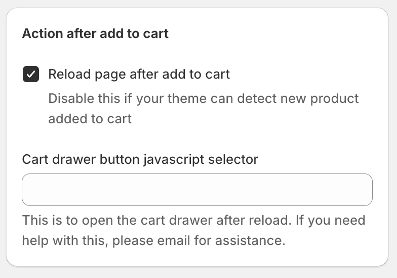 BlueCart action after add to cart settings with reload page after add to cart enabled and a cart drawer button JavaScript selector field