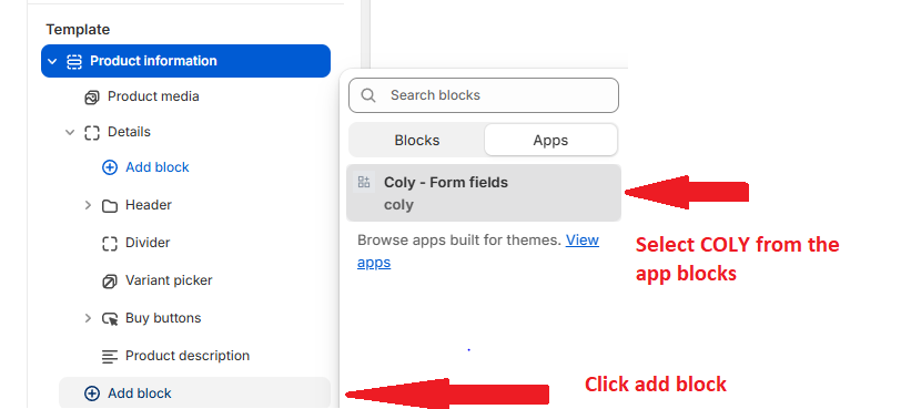 Theme editor showing COLY app block being added to product page