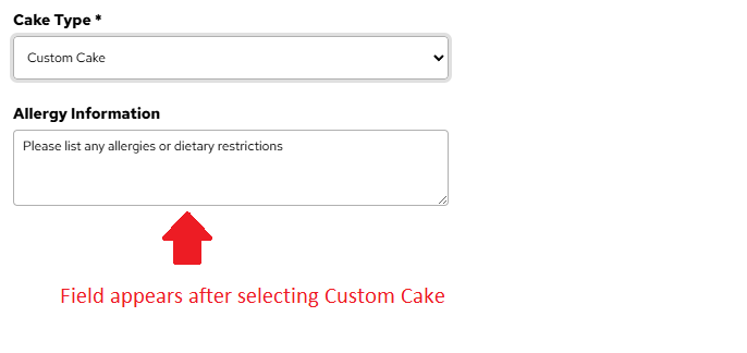 Allergy Information field appearing after selecting Custom Cake