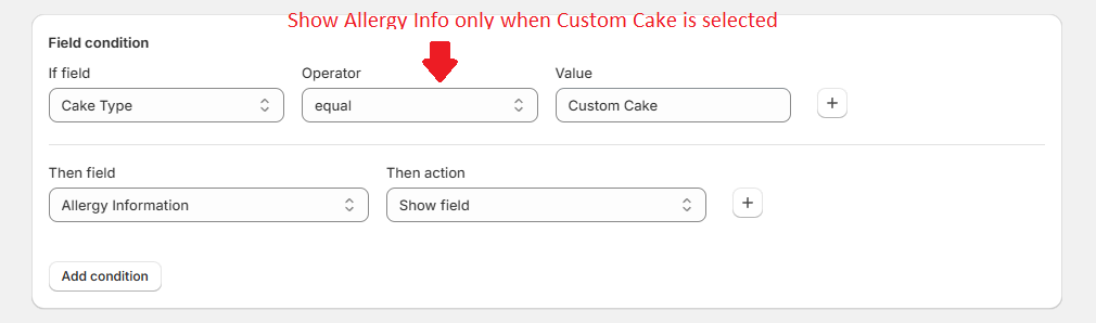COLY form builder showing condition settings for the Allergy Information field