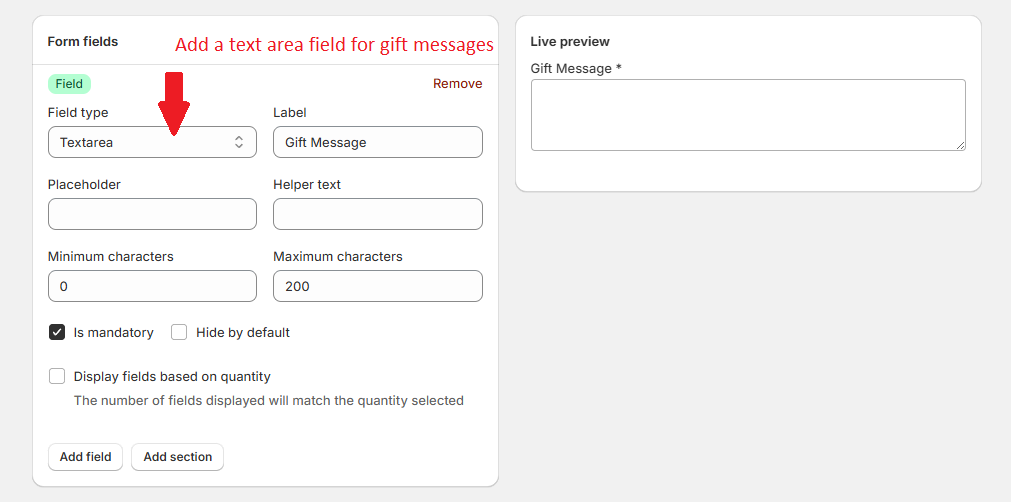 COLY form builder showing a Gift Message text area field