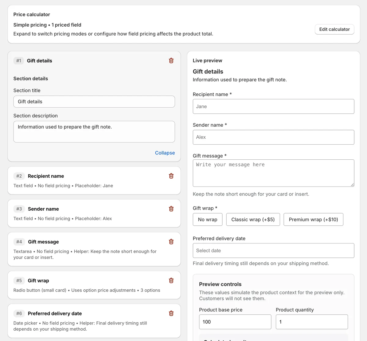 COLY form builder showing gift detail fields, live preview, and pricing controls