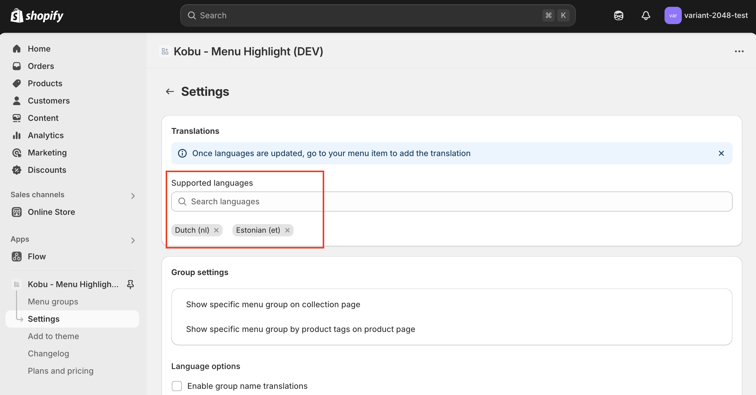 Add the supported languages for your store