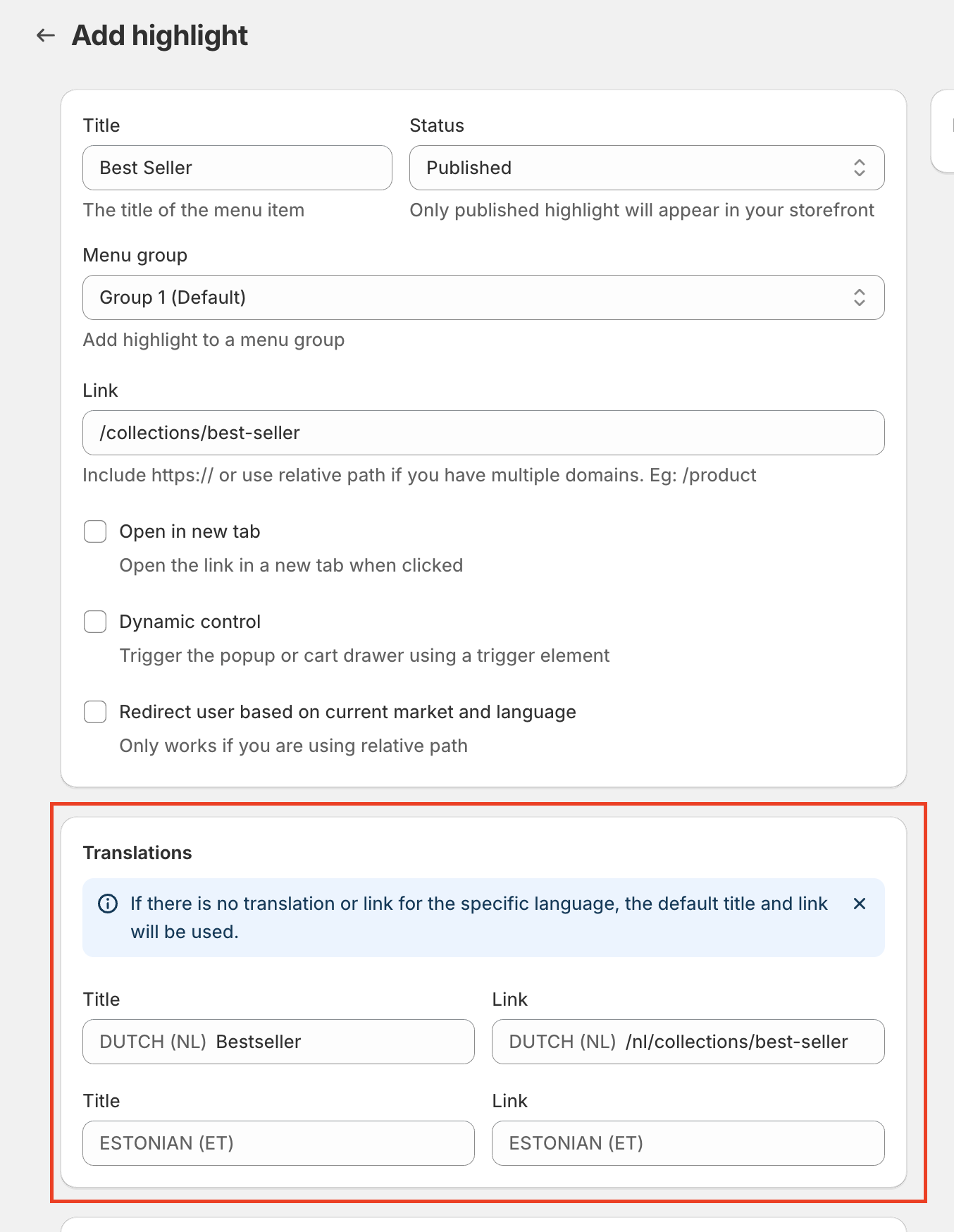 Add the translation in your highlight item