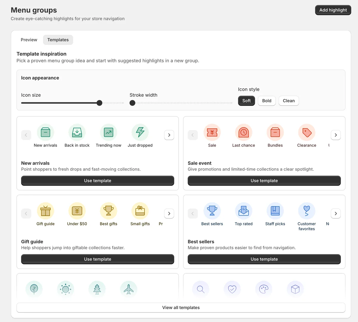 KOBU menu groups template screen with icon appearance controls and highlight templates
