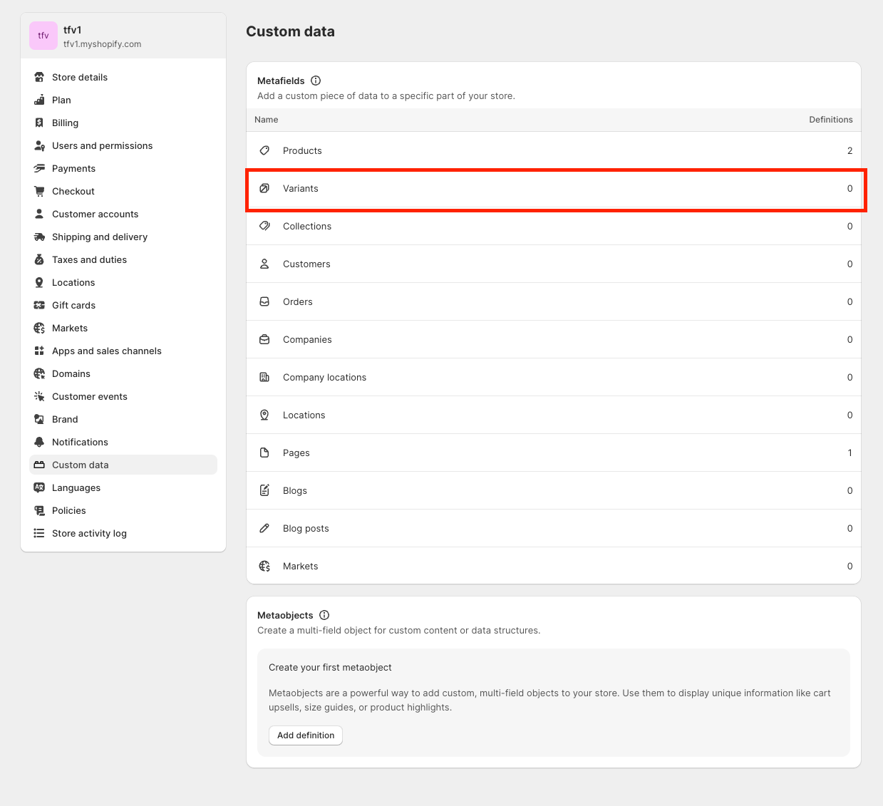 Variant metafield configuration