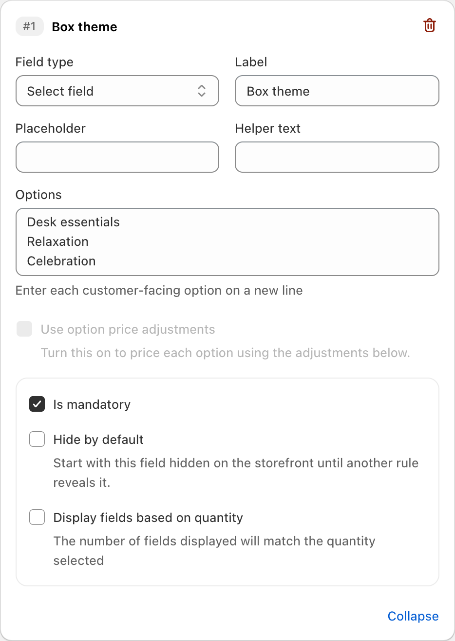 COLY Select field settings for Box theme in Gift Box Preference Form