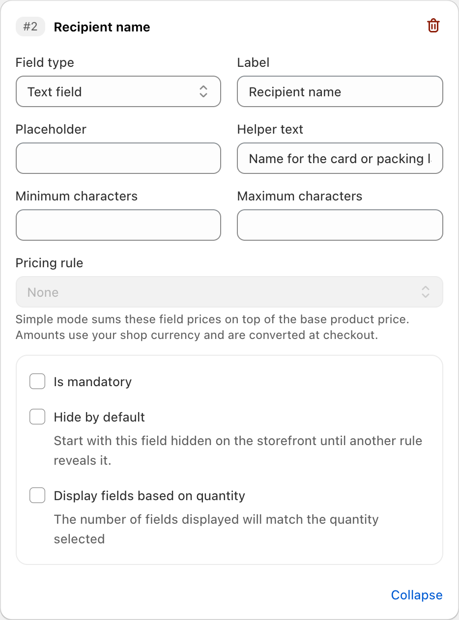 COLY Text field settings for Recipient name in Gift Box Preference Form