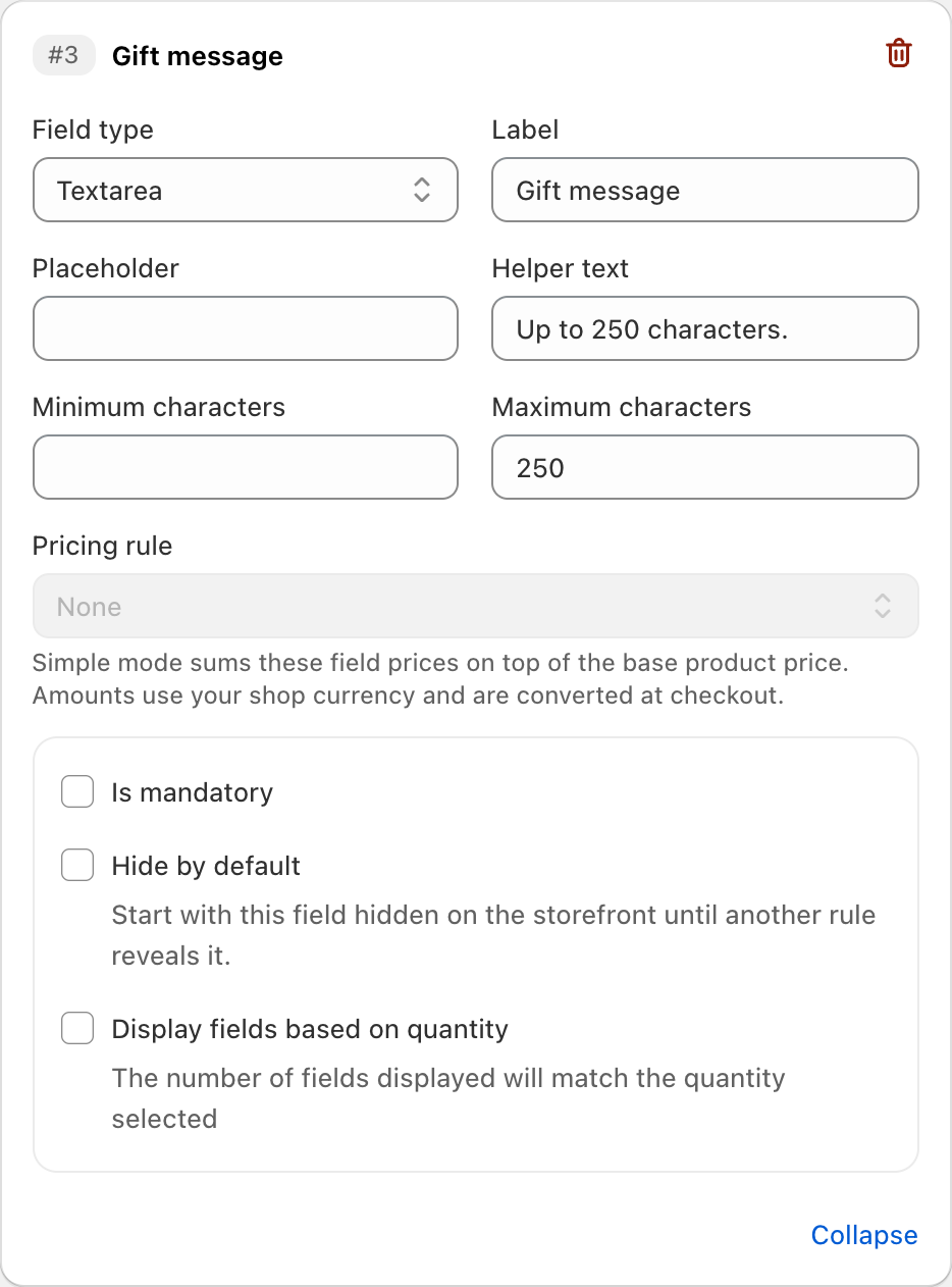 COLY Textarea settings for Gift message in Gift Box Preference Form