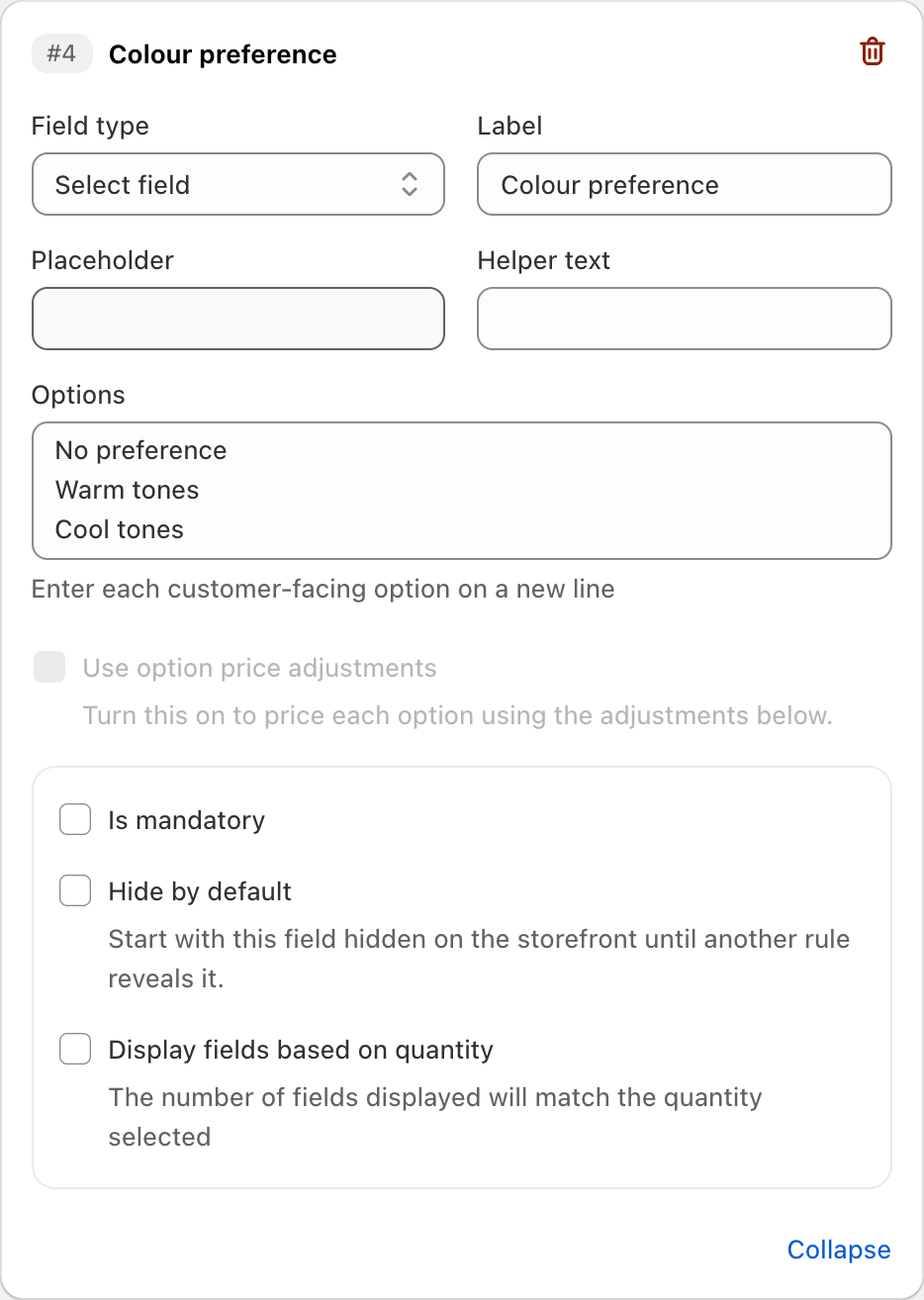 COLY Select field settings for Colour preference in Gift Box Preference Form