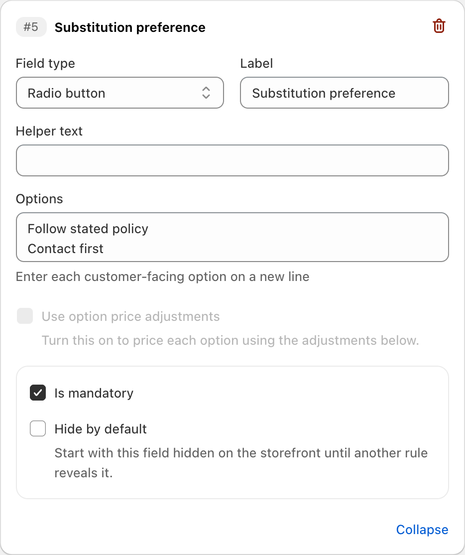 COLY Radio button settings for Substitution preference in Gift Box Preference Form