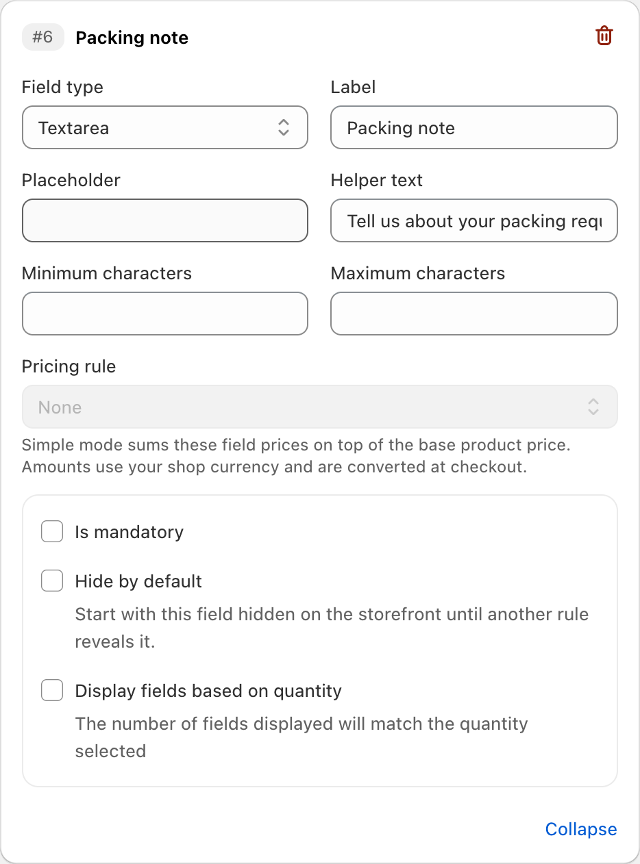 COLY Textarea settings for Packing note in Gift Box Preference Form