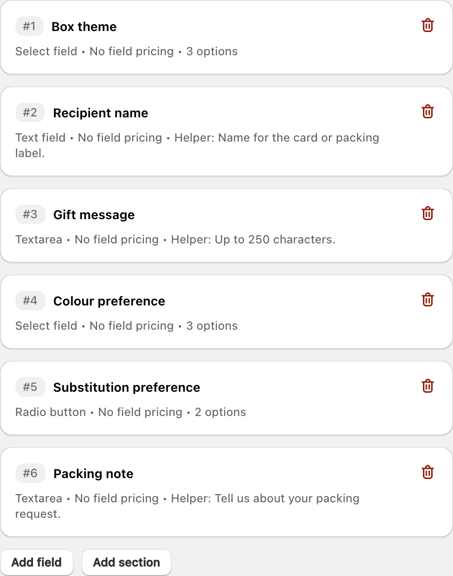 Completed COLY field list for Gift Box Preference Form
