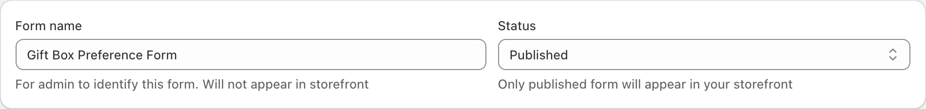 COLY Form name set to Gift Box Preference Form and Status set to Published