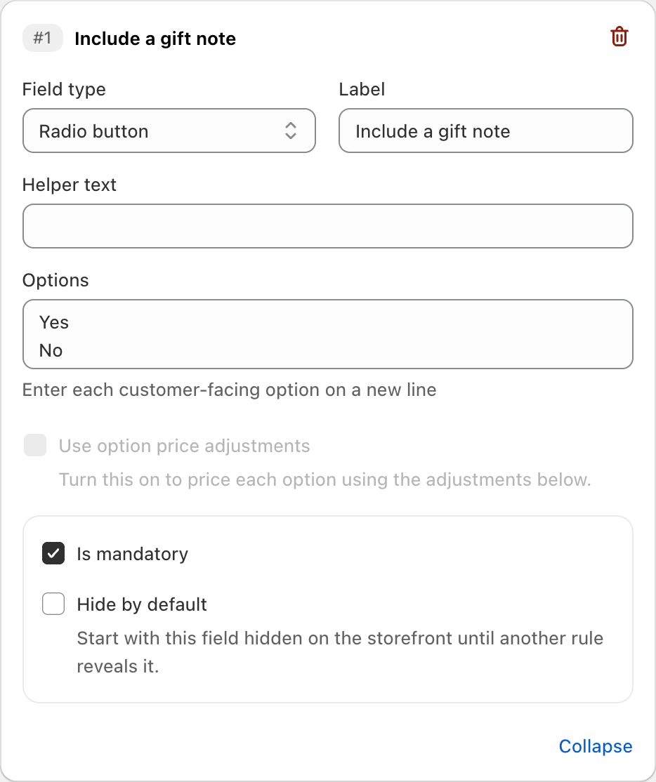 COLY Radio button settings for Include a gift note in Gift Message Form
