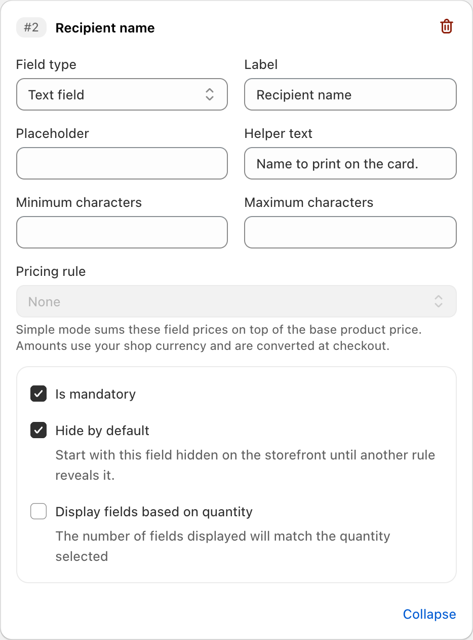 COLY Text field settings for Recipient name in Gift Message Form