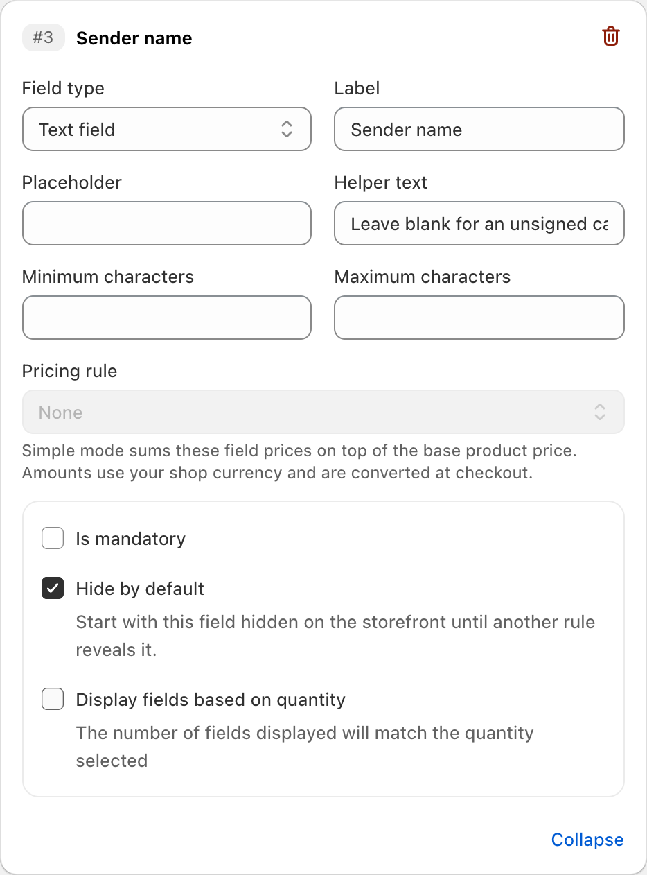 COLY Text field settings for Sender name in Gift Message Form