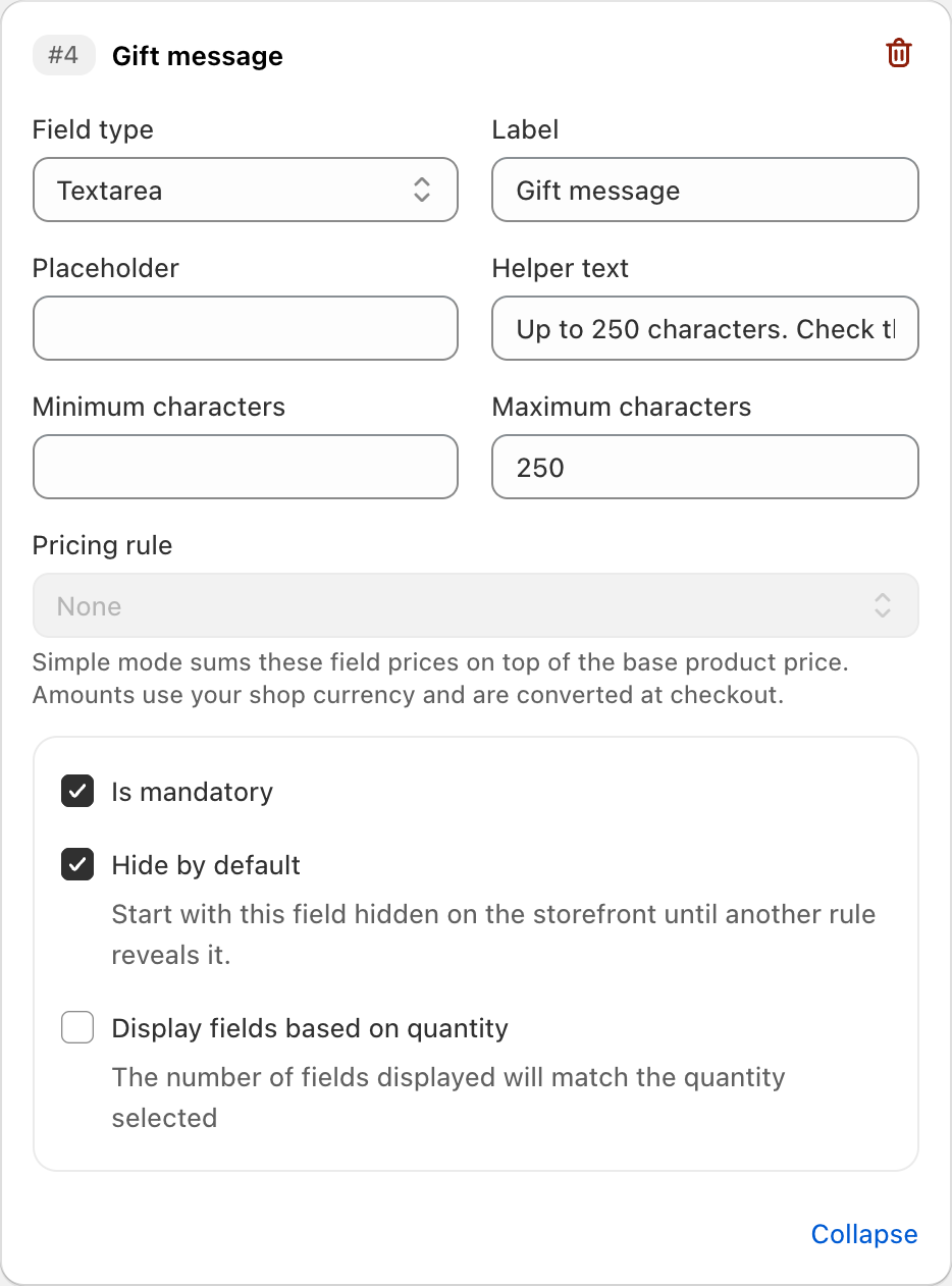 COLY Textarea settings for Gift message in Gift Message Form