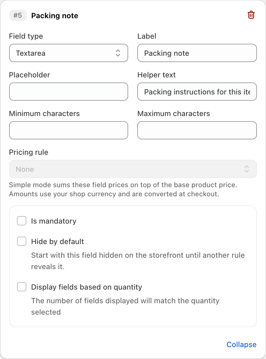 COLY Textarea settings for Packing note in Gift Message Form