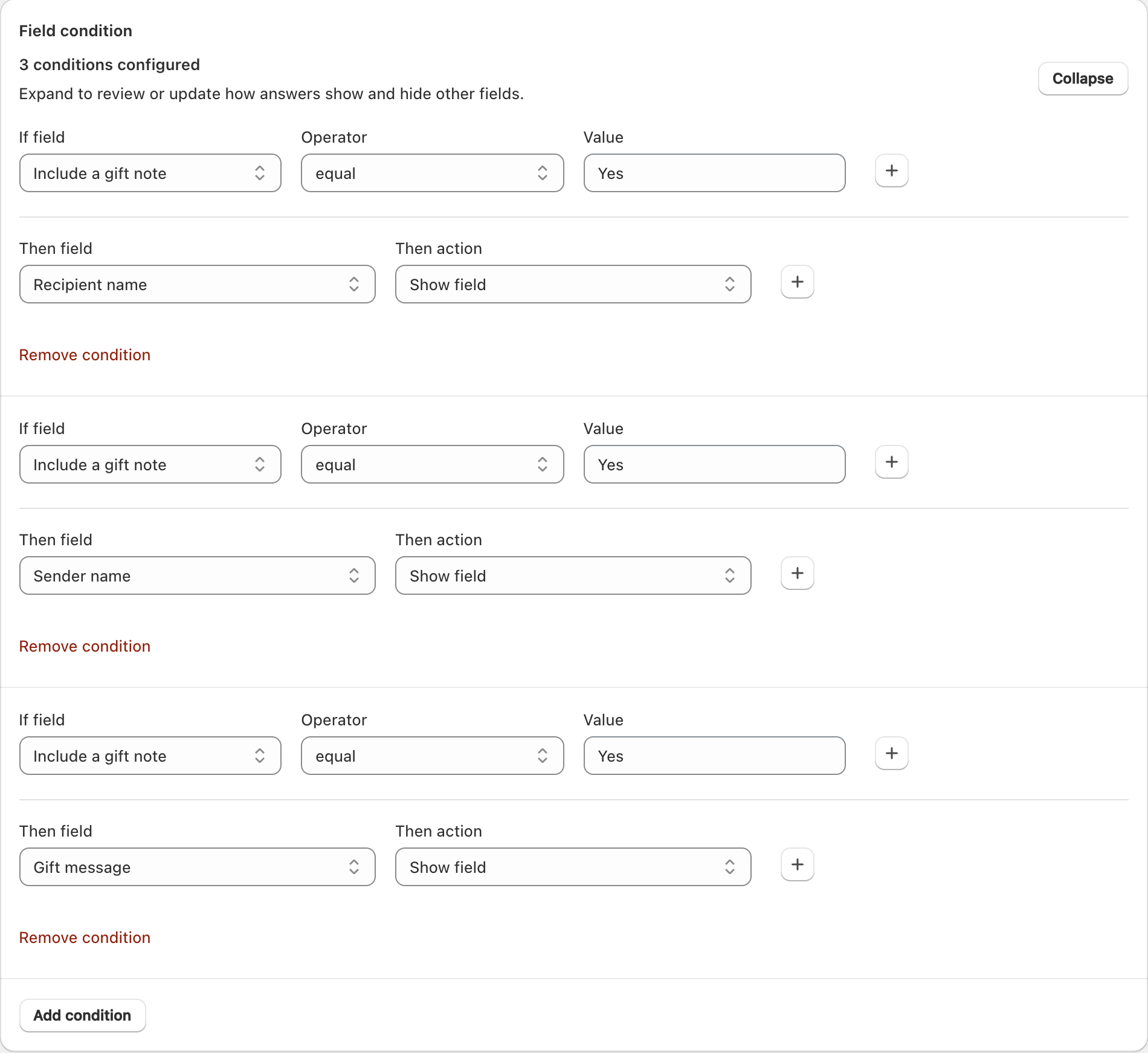 COLY conditional rules that show the dependent fields in Gift Message Form when Include a gift note equals Yes