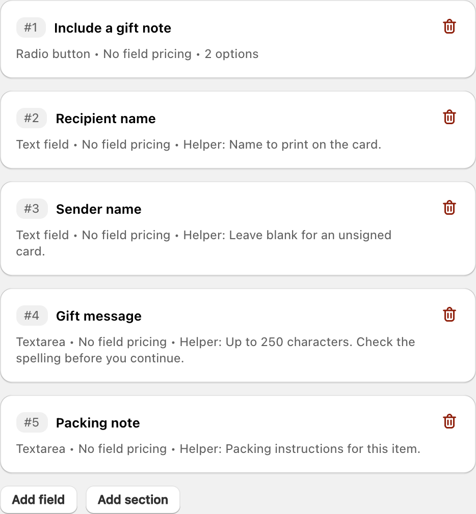 Completed COLY field list for Gift Message Form