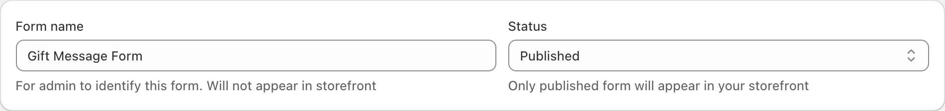 COLY Form name set to Gift Message Form and Status set to Published