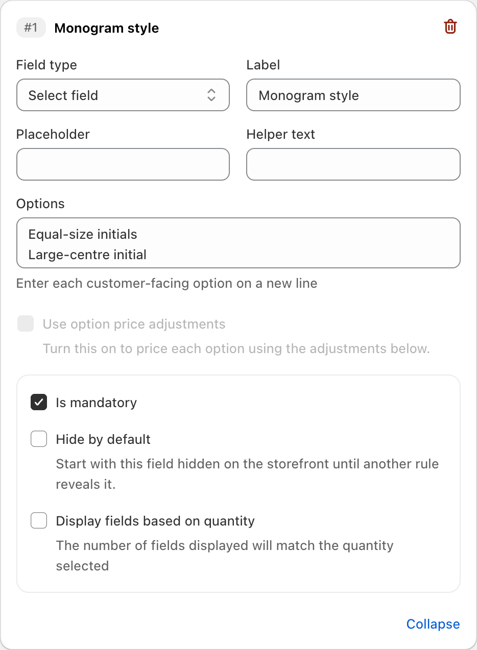 COLY Select field settings for Monogram style in Monogram Order Form