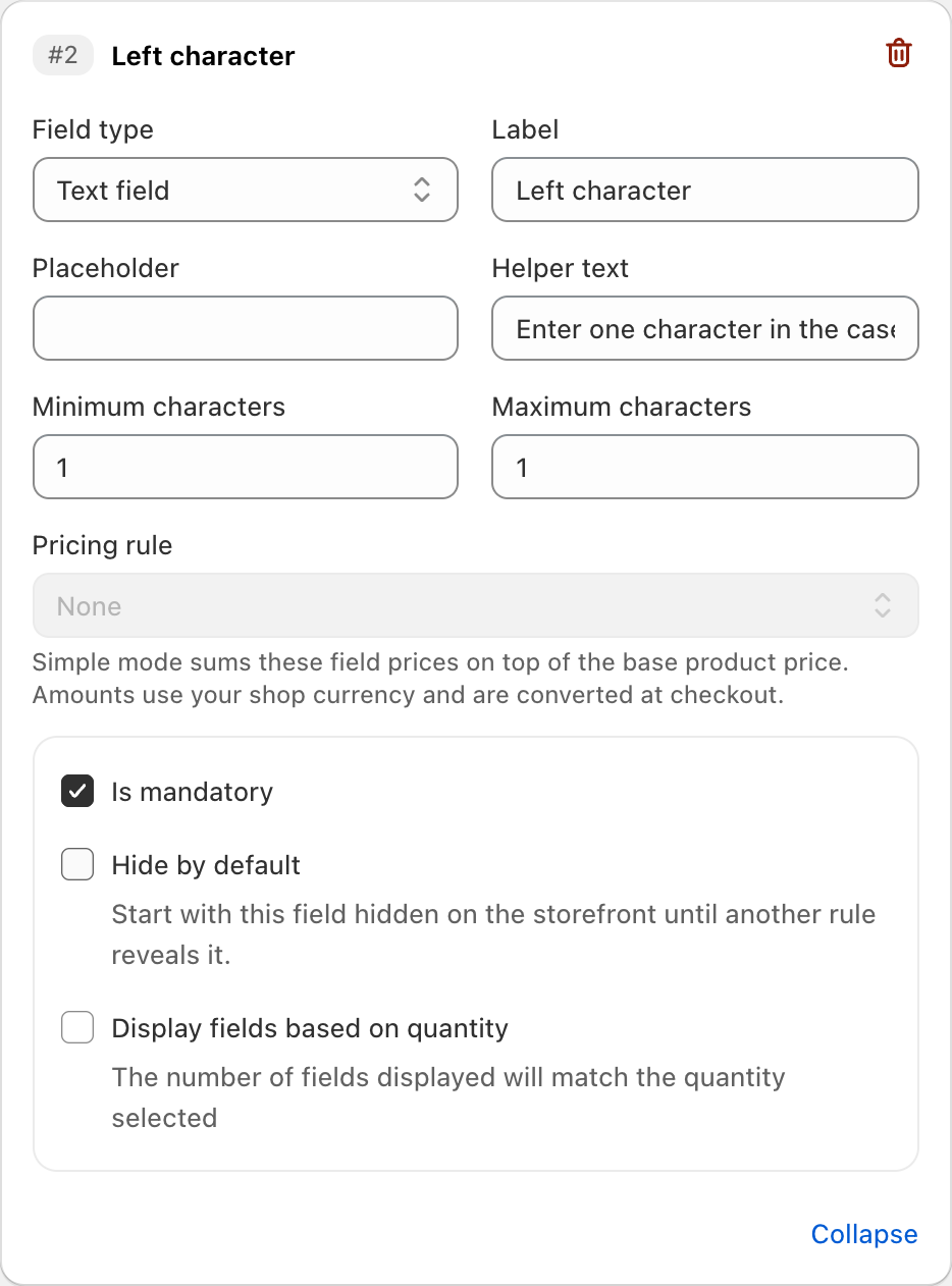 COLY Text field settings for Left character in Monogram Order Form