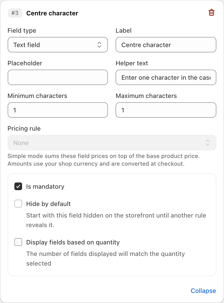COLY Text field settings for Centre character in Monogram Order Form
