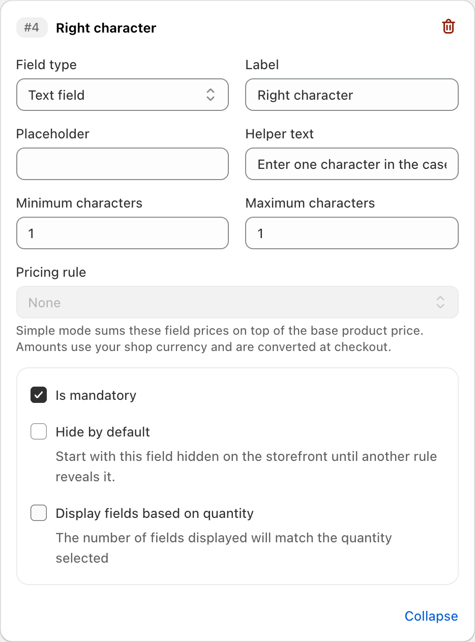COLY Text field settings for Right character in Monogram Order Form