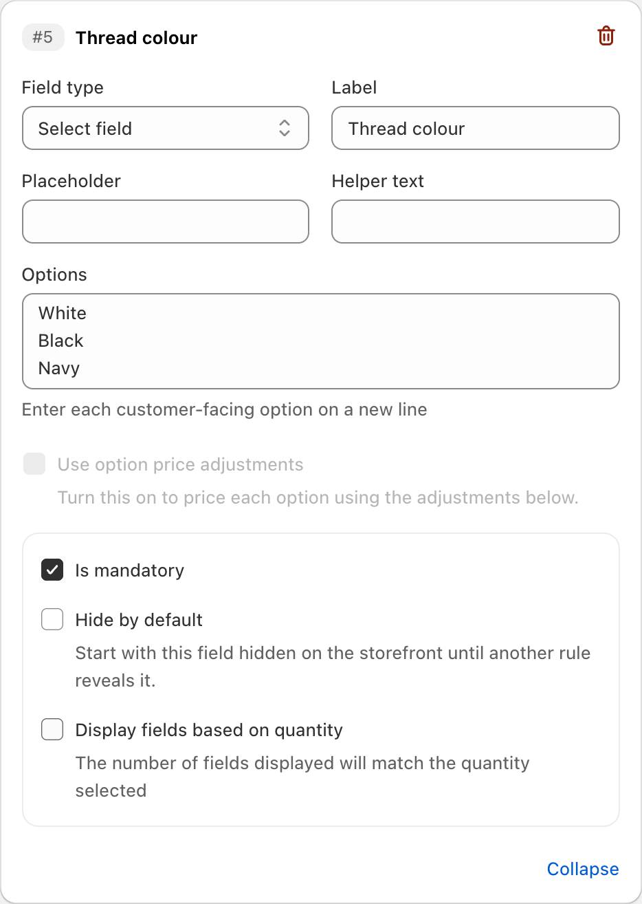 COLY Select field settings for Thread colour in Monogram Order Form