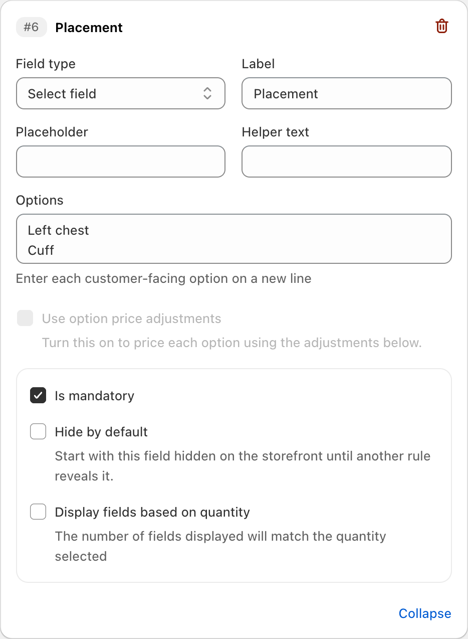 COLY Select field settings for Placement in Monogram Order Form