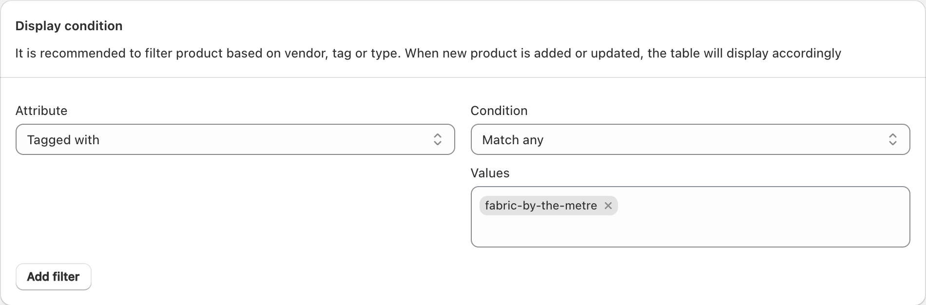 TableFlow Display condition with Tagged with, Match any, and the fabric-by-the-metre tag selected