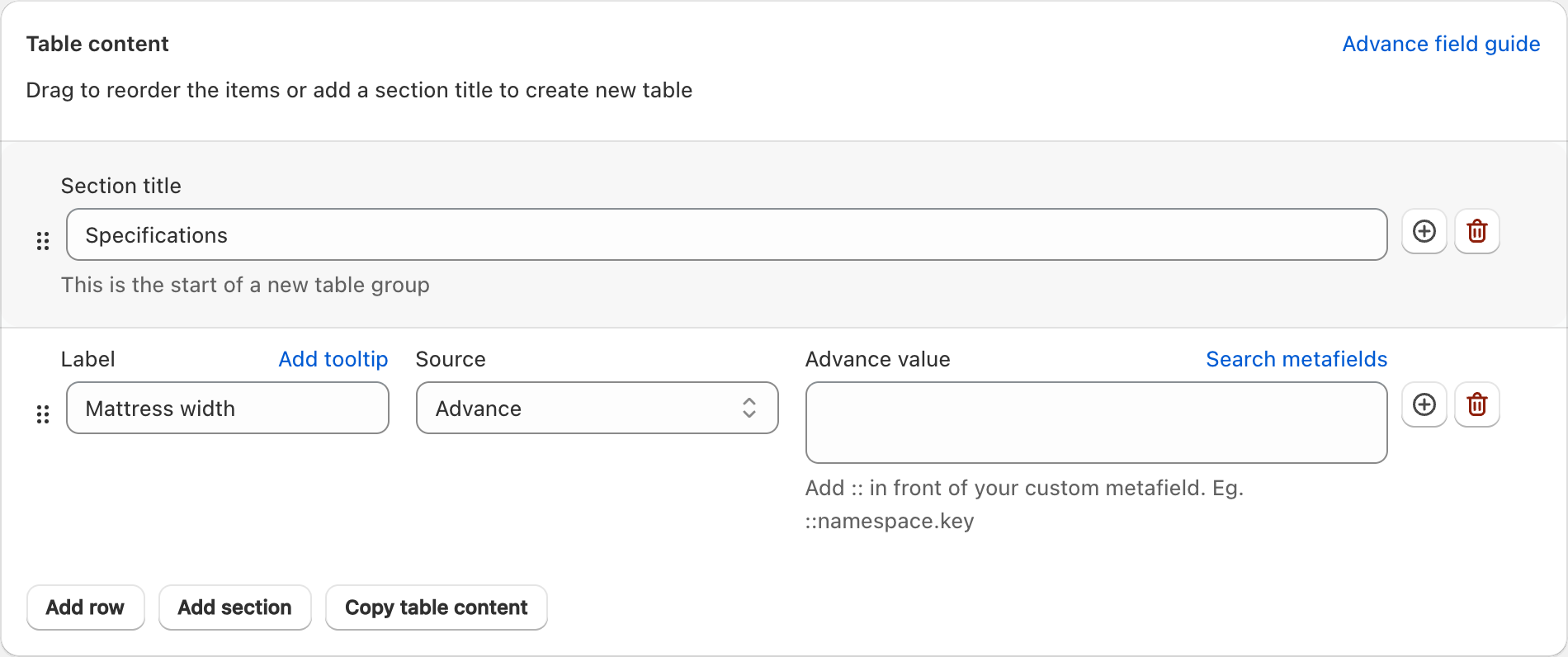 TableFlow Table content with Specifications as the section title, Mattress width as the label, and the Search metafields control above Advance value