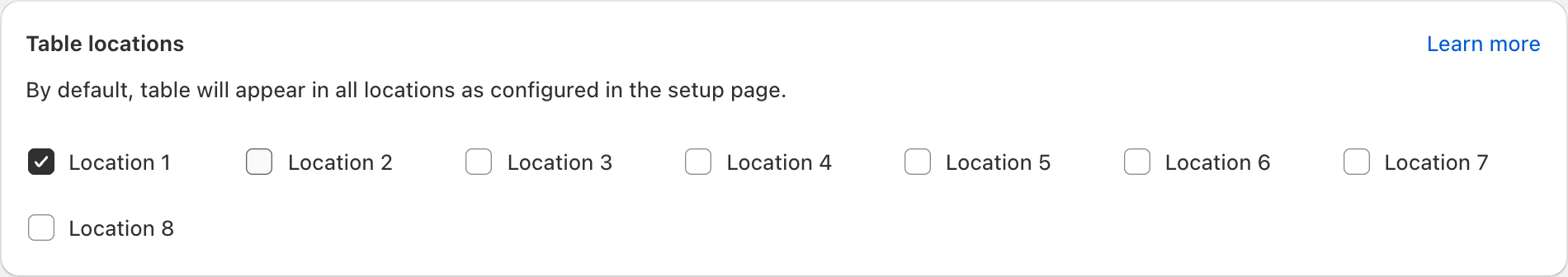 TableFlow Table locations with only Location 1 selected