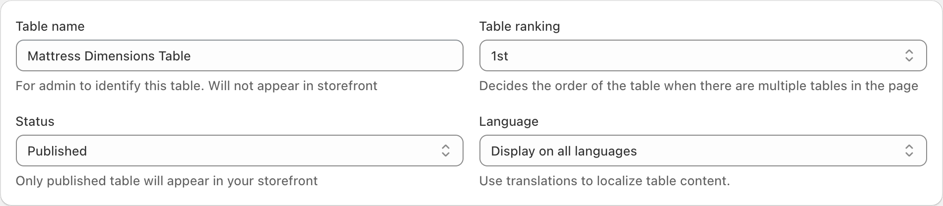 TableFlow Table name set to Mattress Dimensions Table, Table ranking set to 1st, and Status set to Published