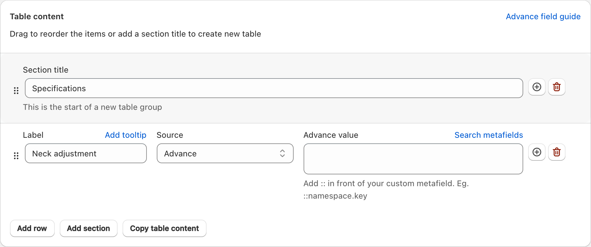 TableFlow Table content with Specifications as the section title, Neck adjustment as the label, and the Search metafields control above Advance value
