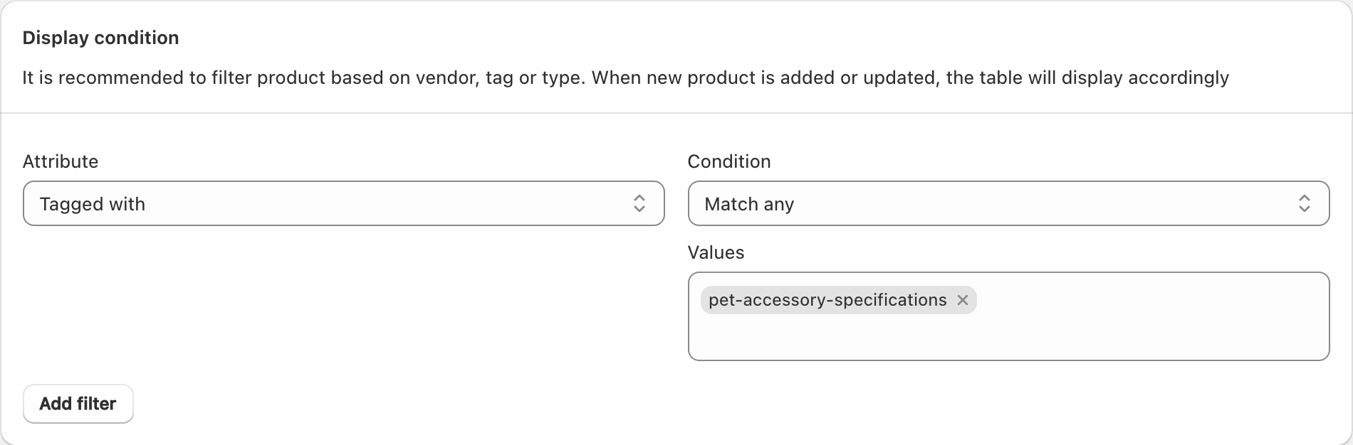 TableFlow Display condition with Tagged with, Match any, and the pet-accessory-specifications tag selected